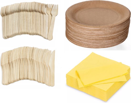 400 x stuks x Houten wegwerp bestek set bio/eco/milieubewust - 100 Vorken/ 100 messen/100 borden + 100 bio servetten geel 33x33cm van Merkloos