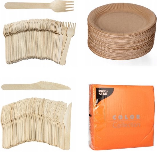 400 x stuks x Houten wegwerp bestek set bio/eco/milieubewust - 100 Vorken/ 100 messen/100 borden + 100 bio servetten oranje 33x33cm van Merkloos