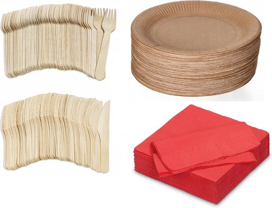 400 x stuks x Houten wegwerp bestek set bio/eco/milieubewust - 100 Vorken/ 100 messen/100 borden + 100 bio servetten rood 33x33cm van Merkloos