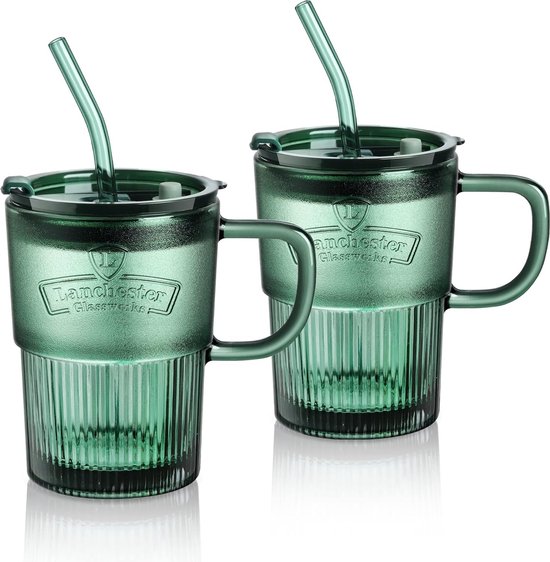 450 ml glazen drinkbeker met deksel en rietje, groene drinkglazen met handvat en rietje voor ijskoffie, milkshakes, sappen, smoothies, vaatwasmachinebestendig, glazen beker van Mfacoy