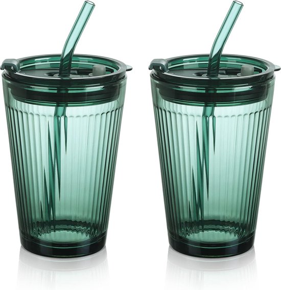 450 ml groene drinkbekers met deksel en rietje, set van 2 glazen smoothiebekers met rietje, koffiebeker met rietje voor sap, koffie, water, thee van $