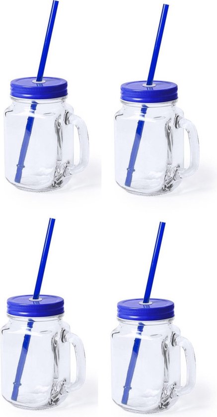 4x stuks Glazen Mason Jar drinkbekers blauwe dop en rietje 500 ml - afsluitbaar/niet lekken/fruit shakes van Simon's Touch