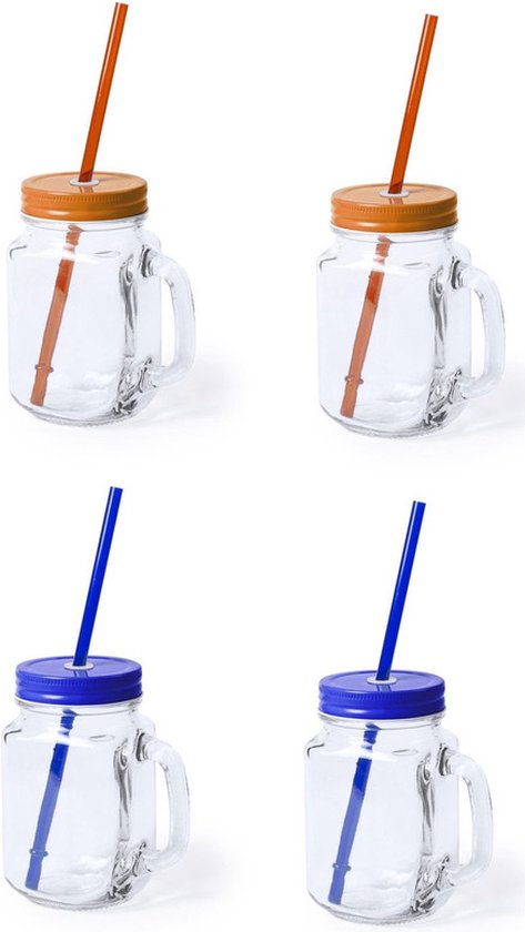 4x stuks Glazen Mason Jar drinkbekers met dop en rietje 500 ml - 2x blauw/2x oranje - afsluitbaar/niet lekken/fruit shakes van Orange85