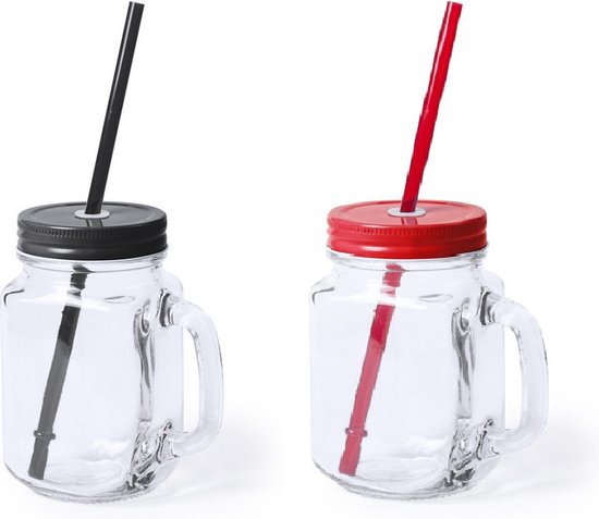 4x stuks Glazen Mason Jar drinkbekers met dop en rietje 500 ml - 2x zwart/2x rood - afsluitbaar/niet lekken/fruit shakes van Merkloos