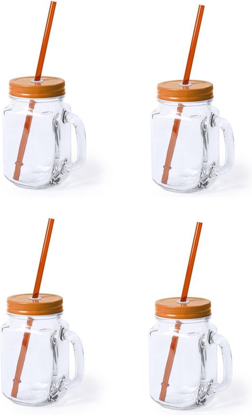 4x stuks Glazen Mason Jar drinkbekers oranje dop en rietje 500 ml - afsluitbaar/niet lekken/fruit shakes van $