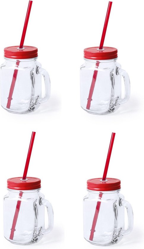4x stuks Glazen Mason Jar drinkbekers rode dop en rietje 500 ml - afsluitbaar/niet lekken/fruit shakes van $