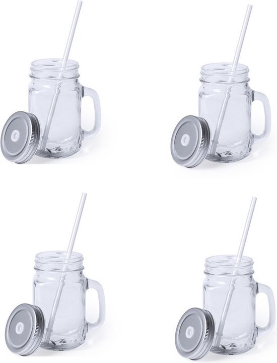 4x stuks Glazen Mason Jar drinkbekers - zilvergrijze dop en rietje -  500 ml van Luxe Life