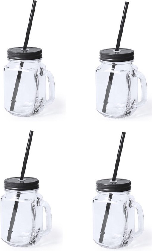 4x stuks Glazen Mason Jar drinkbekers zwarte dop en rietje 500 ml - afsluitbaar/niet lekken/fruit shakes van MamboCat