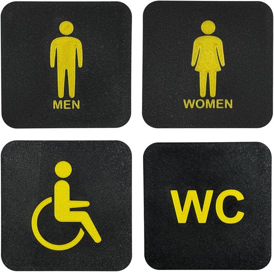 4x WC bordjes - Man, Vrouw, Invalide, - 10 cm vierkant 2 mm dik - PLA Bio Plastic - Zwart Goud van Merkloos