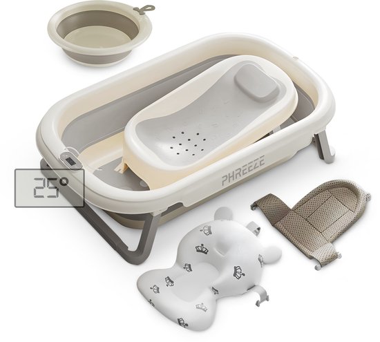 5-Delige Baby Badje Set - Babybad met Thermometer en Standaard - Babybadje met Badzitje, Badkussen, Veiligheidsnet en Wateremmer - Bad Set Compleet tot 3 Jaar van Merkloos