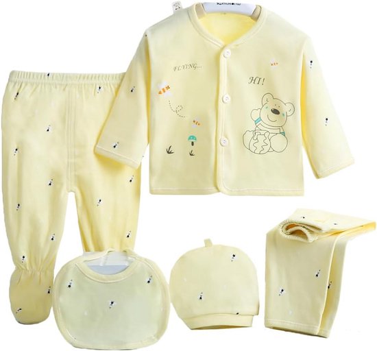 5 Delige Baby Kledingset Unisex - Katoen Romper, T-shirt, Muts en Broek Geboorte Cadeau van Merkloos