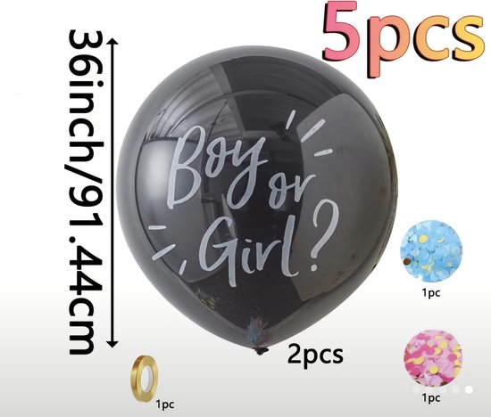 5 delige Gender Reveal Ballon – 2 balonnen - meisje of jongen - Boy or Girl – Zwarte Ballon met Roze & Blauwe Confetti – Babyshower Verrassing