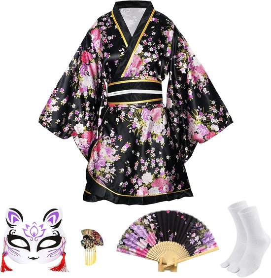 5-delige korte kimono voor dames, traditionele Japanse kimono, Sakura-print, Geisha Yukata badjas, kostuumset cosplay met accessoires