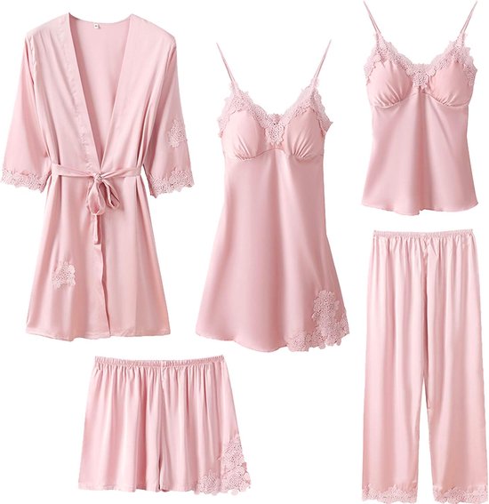 5-delige set pyjama's nachthemd voor dames, satijn, ochtendjas, kant, badjas, shorts, rok, roze, S