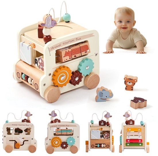 5 in 1 Bus Speelgoed Montessori Educatief Spel Speelgoed - Montessori Speelgoed vanaf 1 Jaar - Baby Motoriek Bus Speelgoed voor 12+ Maanden Meisjes Jongens Verjaardagscadeau - Beige van Etnodi