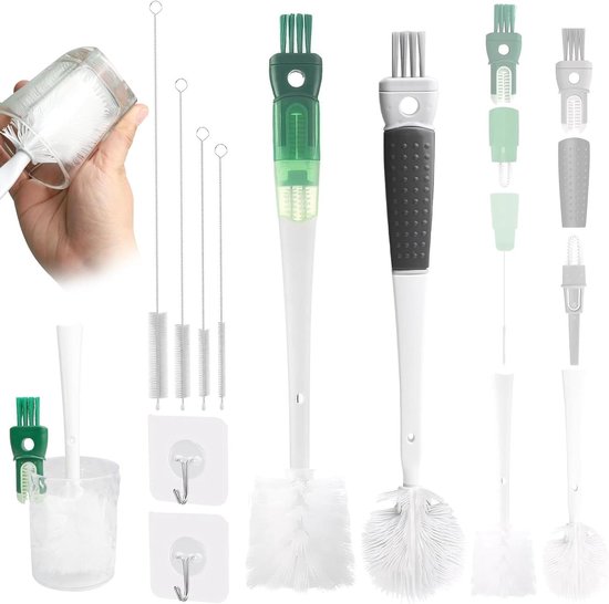 5-in-1 flessenborstel - Reinigingsborstel voor drinkflessen en babyflessen - Set van 2 met lange handgreep - Multifunctioneel - Inclusief splereinigingsborstel - Geschikt voor glazen flessen - Voor smalle openingen