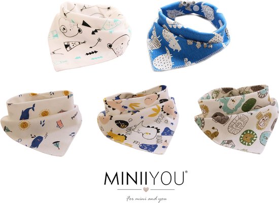 5- pack - Bandana slabbetjes - Safari Dinosaurus - 2-laags Katoen - Puntslabbetjes - kwijlslabbetjes van Zappi Co.