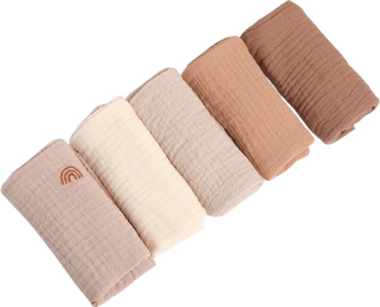 5 Stuks - Hydrofiele Baby Wasdoekjes - Washandjes - Spuugdoekjes - Monddoekjes met Lusje - Aardetinten - 23x23 cm van Little Dutch