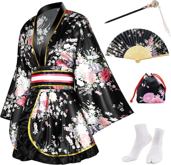 5 stuks Japanse kimono-badjas voor dames, korte kimono-jurk met bloemenprint, sexy Geisha Yukata satijnen badjas met accessoires