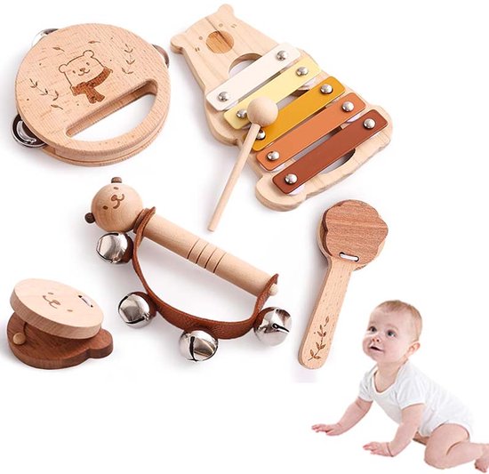 5 Stuks Kinder Houten Muziekinstrument Speelgoed - Baby Muziekinstrument - Baby Muziek Verlichting Speelgoed - Drum Violin Speelgoed van Merkloos