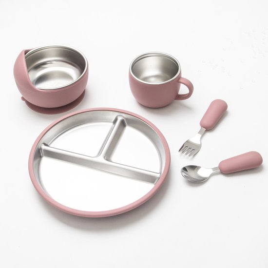 5 stuks -Kinderbord -Babybord van roestvrij staal -BPA-vrij -Antislip -Onbreekbaar -Uitneembaar -Geschikt voor peuters van 1-3 jaar -Inclusief bord, kom, beker, vork, lepel -Roze van Primo Passi