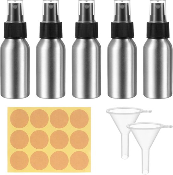 5 Stuks Kleine Sprayfles 50ml, Aluminium Verstuiver, Lege Sprayflessen om te Vullen, Spray Fles Pompfles voor Cosmetica Vloeistof Etherische Oliën, met 2 Trechters, 1 Sticker