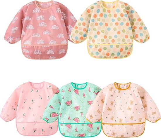 5 stuks - Lange mouwen slabbetje - Baby slabbetje/schortje - Met zakje - Waterdicht materiaal - Geschikt om in te eten of te spelen, geschikt voor kinderen van 0 tot 24 maanden