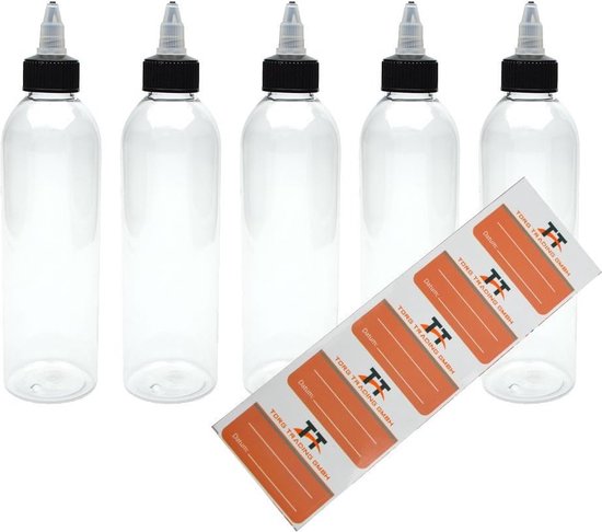 5 x 250 ml kunststof flessen van PET met twist-off deksel, incl. 5 etiketten, twist-cap, lege fles, twist top, sausflessen, doseerflessen, ketchupflessen, sausflessen van Com-Four