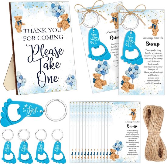 50 Delige Set Bedankjes voor Babyshower Jongen: Flesopeners, Tags en Welkomstbord van Amy & Benton