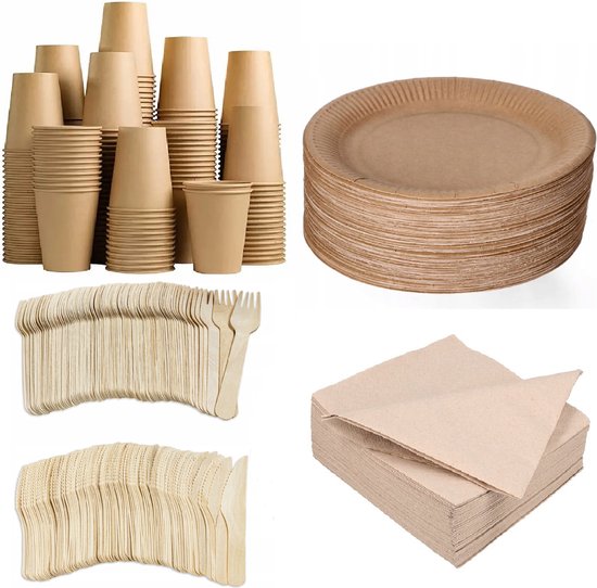500 stuks x Houten wegwerp bestek set eco/milieubewust - 100 kartonnen borden 23cm + 100 kartonnen bekers 240ml+ 100 Vorken 16cm+100 messen 16cm+ 100 bio servetten 33x33cm van Merkloos