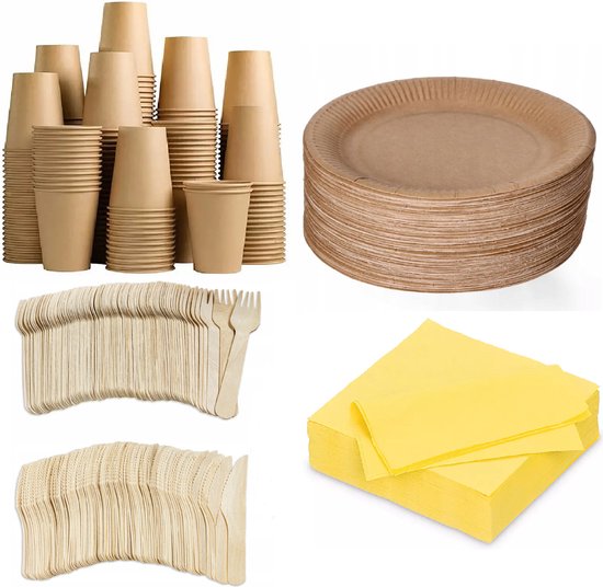 500 stuks x Houten wegwerp bestek set eco/milieubewust - 100 kartonnen borden 23cm + 100 kartonnen bekers 240ml+ 100 Vorken 16cm+100 messen 16cm+ 100 bio servetten geel 33x33cm van Koopjesdrogisterij