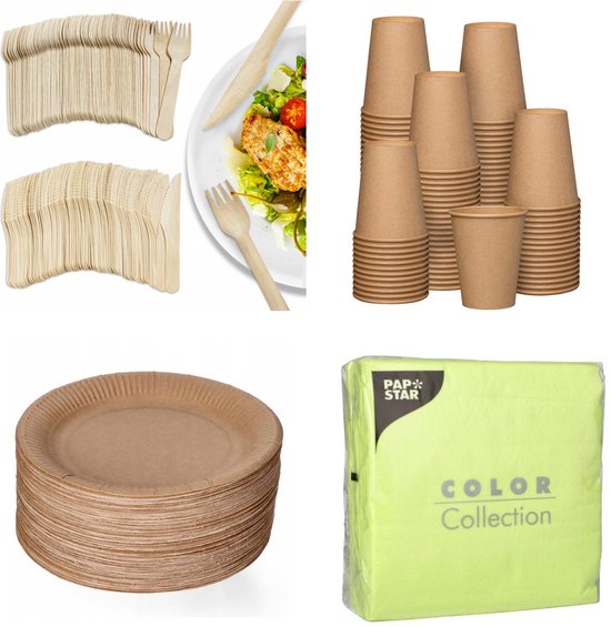 500 stuks x Houten wegwerp bestek set eco/milieubewust - 100 kartonnen borden 23cm + 100 kartonnen bekers 240ml+ 100 Vorken 16cm+100 messen 16cm+ 100 bio servetten lime 33x33cm van Merkloos
