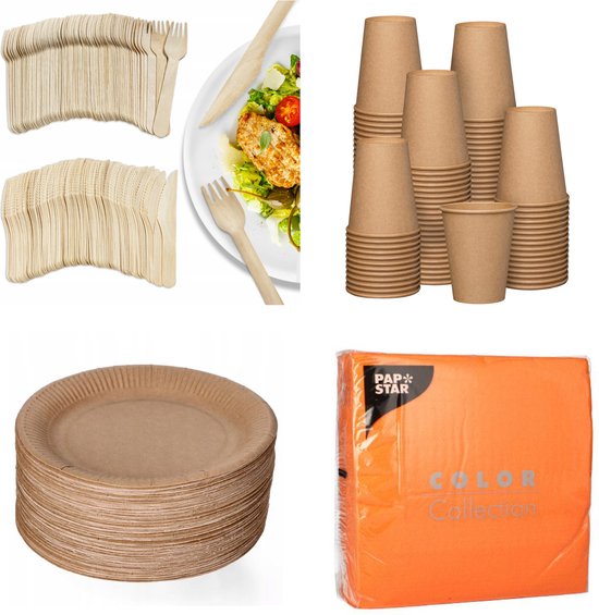 500 stuks x Houten wegwerp bestek set eco/milieubewust - 100 kartonnen borden 23cm + 100 kartonnen bekers 240ml+ 100 Vorken 16cm+100 messen 16cm+ 100 bio servetten oranje 33x33cm van Green Giving
