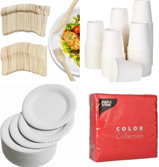 500 stuks x Houten wegwerp bestek set eco/milieubewust - 100 kartonnen witte borden 23cm + 100 kartonnen witte bekers 240ml+ 100 Vorken 16cm+100 messen 16cm+ 100 bio servetten rood 33x33cm van $