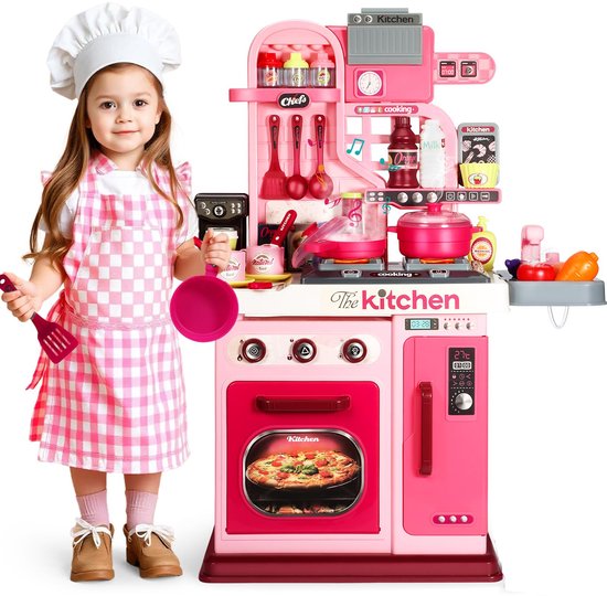 53-delige speelkeukenset voor kinderen - 69 cm speelkeuken met geluid en licht, kookplaat, speelgootsteen, oven, keukenspeelgoed, fantasiespel, keukenspeelgoed voor peuters van 1, 2 en 3 jaar (roze) van Merkloos