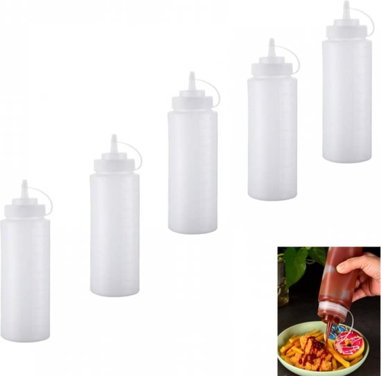 5stuks - plastic knijpflessen - knijpflessen/sausflessen - Doseerflessen/sausflessen - 250 ml - knijpkruidenflessen voor specerijen - Sausfles - Portioneerflessen - Doorzichtige knijpflessen - mayo en ketchup knijpflessen - voor schilderen bakken van Blumtal