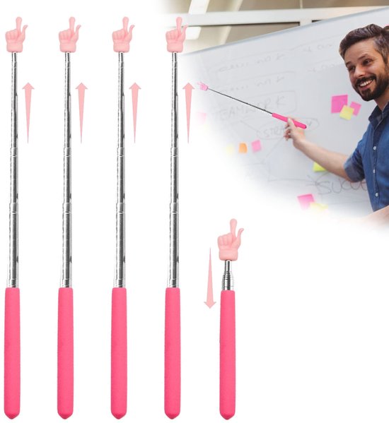5x Uitschuifbare aanwijzer voor leerkrachten, uitschuifbaar 55 cm, intrekbaar handvat, schattige vingervormen, voor basisschoolleerkrachten, klaslokaalbenodigdheden, aanwijsstok voor leerkrachten, roze van Merkloos