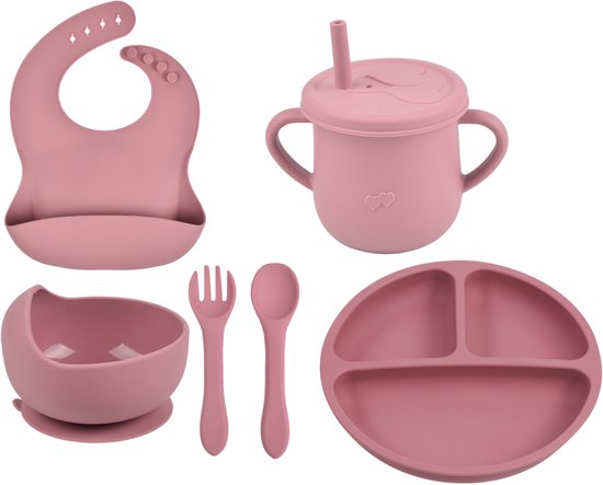 6-Delig Kinderservies set Siliconen - Baby Servies set Incl. bord met zuignap, drinkbeker met rietje, slabbetje en 1 sets Kinderbestek - Baby Bestek Siliconen - Vaatwasserbestendig - Ovenbestendig - BPA Vrij - Roze