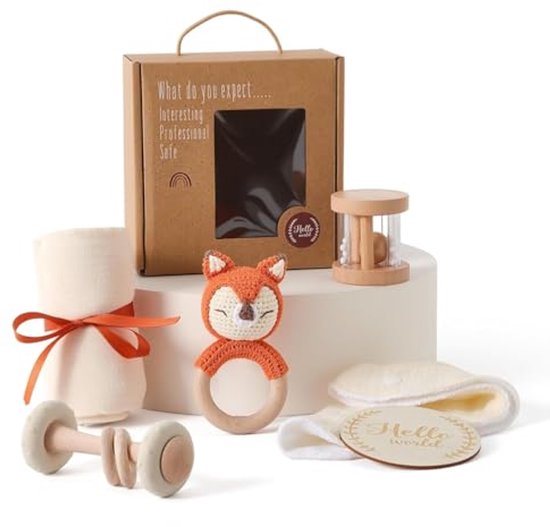6-delige babycadeauset voor meisjes en jongens - badhanddoeken, slabbetjes, houten speelgoed en mijlpaalkaarten van Merkloos