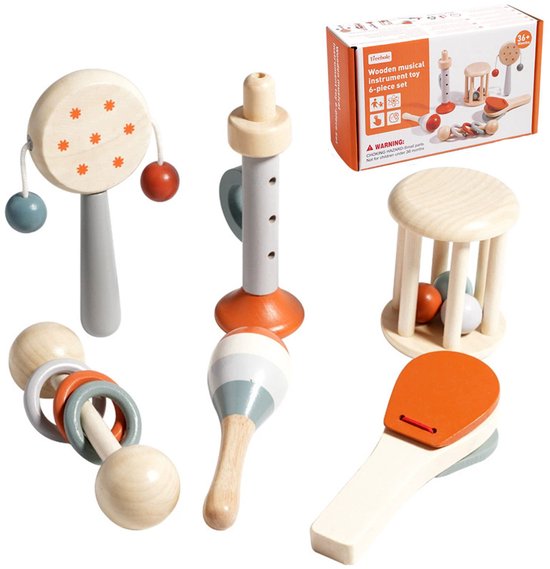 6-delige houten muziekinstrumentenset, Montessori muziekinstrumenten, houten percussietrommel voor kinderen, Montessori muziekspeelgoed voor jonge kinderen, kinderspeelgoed voor 3-7 jaar van Merkloos