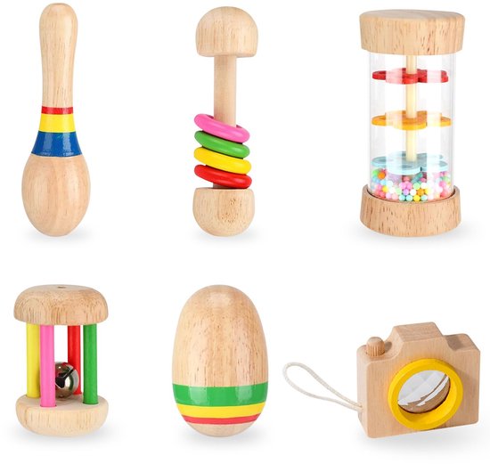 6-delige houten rammelaarset voor baby's - Kleurrijke organische rammelaarset, houten rammelaarset voor peuters, grijpspeelgoedset voor baby's, ontwikkelingsgericht van Merkloos