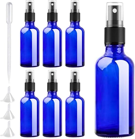 6-delige set glazen spuitflessen, fijne mist verstuiver 30 ml voor reis cosmetica - blauw