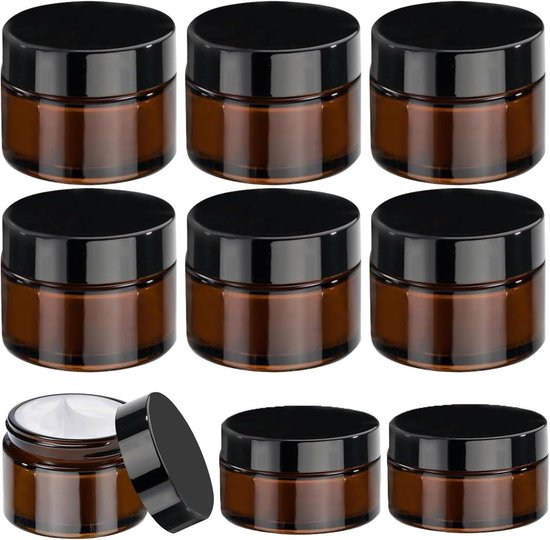 6-delige set glazen zalfpotjes en flessen, amberkleurig, 50 ml en 20 ml, met deksel. Ideaal voor cosmetica.