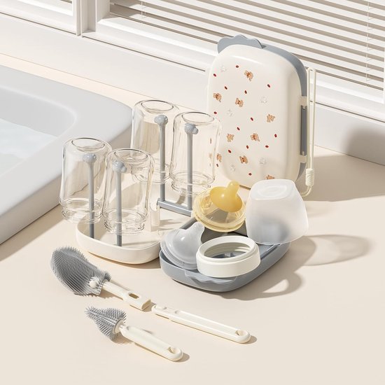 6-in-1 babyflesreinigingsborstelset met borstkolfreiniger, tepelborstel, rietjesborstel, zeepdispenser, draagbaar droogrek, onmisbaar voor babyreizen
