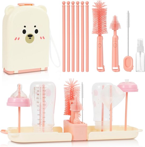 6-in-1 Draagbare Babyflesborstel Set met Siliconen Borstel en Rietjesreiniger
