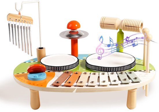 6 in 1 Kinderdrumstel - Houten drumstel - Muziektafel met xylofoon windgong - Baby Montessori percussie-instrumenten speelgoed vanaf 1 jaar, cadeau