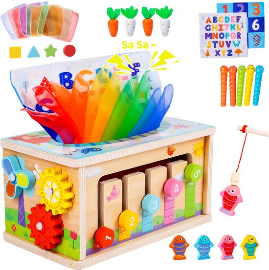 6-In-1 Montessori Tissue Box Speelgoed, Houten Activiteit Kubus, Scheurbestendige Tissue Box, Radijs Vissen Plezier Multifunctionele Game Box, Zintuiglijk Speelgoed Voor Jonge Kinderen