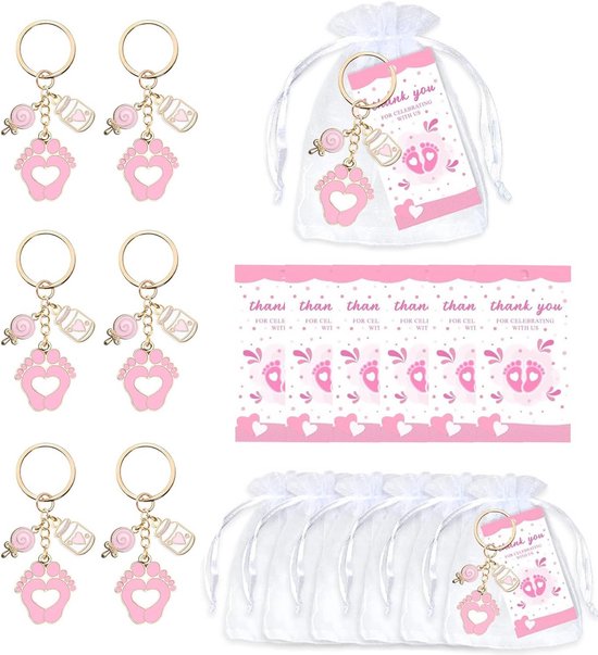 6 Sets Babyshower Uitdeelcadeaus Rotsleutelhanger met Organzazakjes en Bedankkaartjes