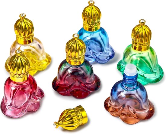 6 Stuks 8ml Roll-On Flessen van Gekleurd Degradé Glas in Roosvorm, Etherische Olie Roller Vintage Goud met Glazen Rollerbal, Leeg, Hervulbaar voor Parfum, Aromatherapie, Massage