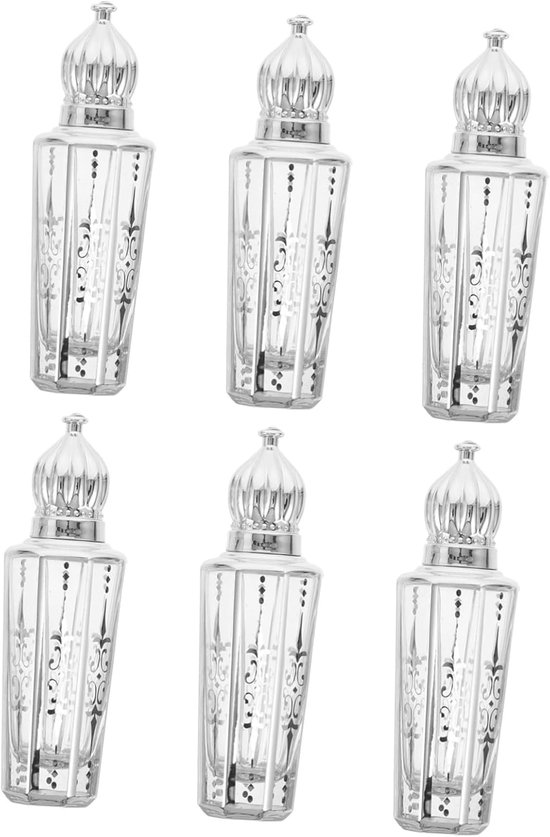 6 Stuks Aromatherapie Rollerflesjes met Zilver Electroplated Dop Refillbare Glasflesjes met Arabisch Gegraveerd Ontwerp voor Essentiële Oliën Parfum Compact Draagbaar